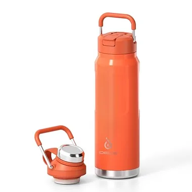 32 oz insulated bottle with a straw and two lids in Orange