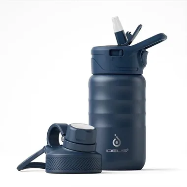 12 oz insulated bottle with a straw and two lids in Navy Blue