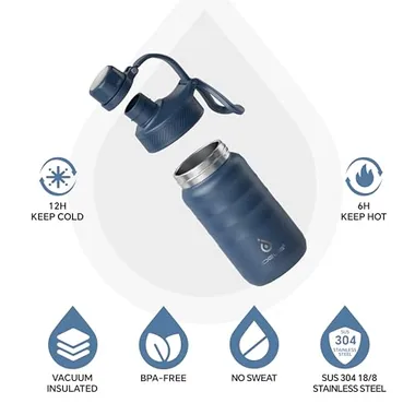 12 oz insulated bottle with a straw and two lids, view 2